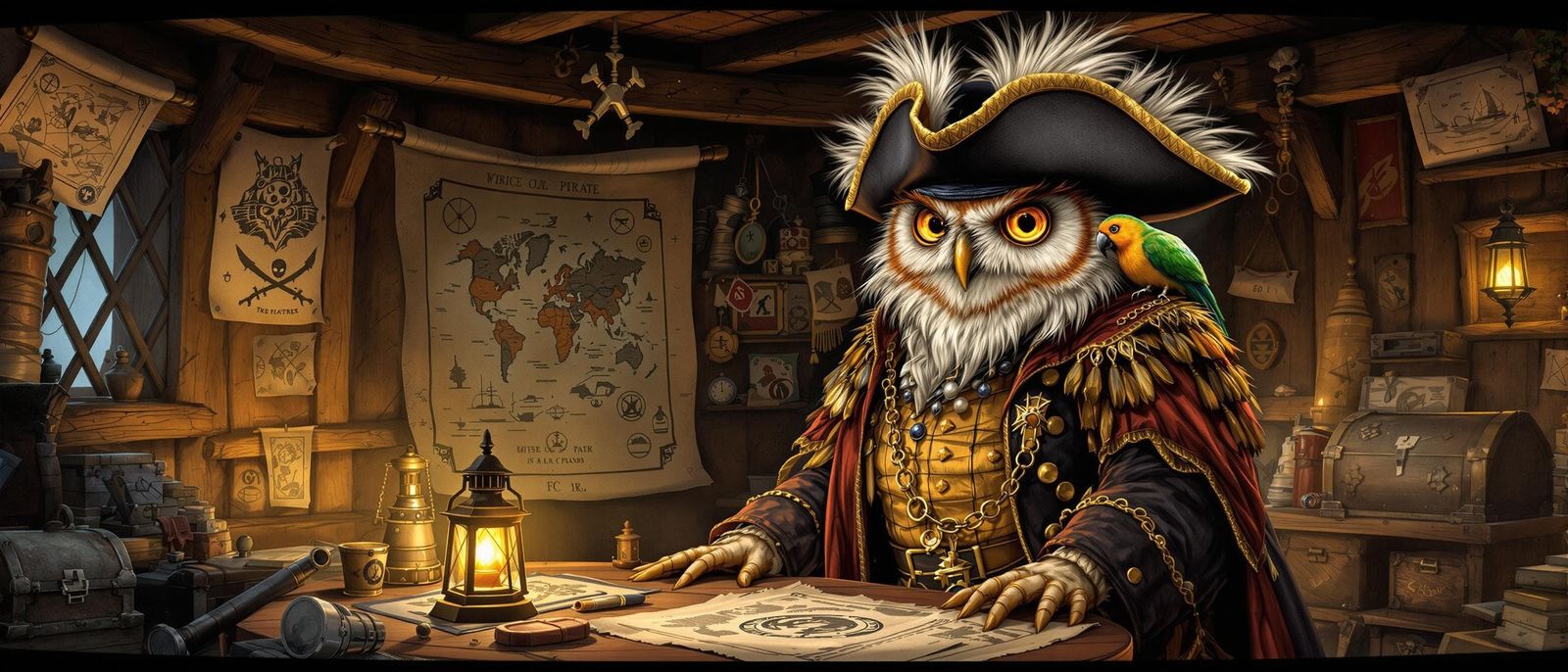 Pirate Owl Captain in Detailed Fantasy Illustration