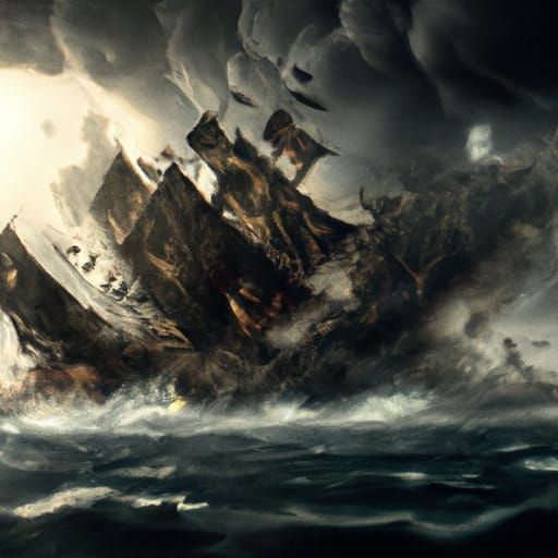 Pirate Battleship Under Attack: Dramatic Digital Matte Paint...