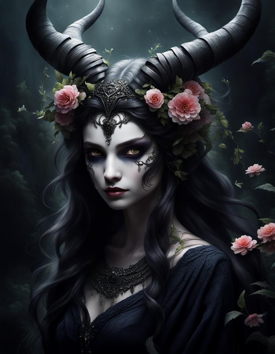 Mysterious Demon Woman with Antlers in Darkness