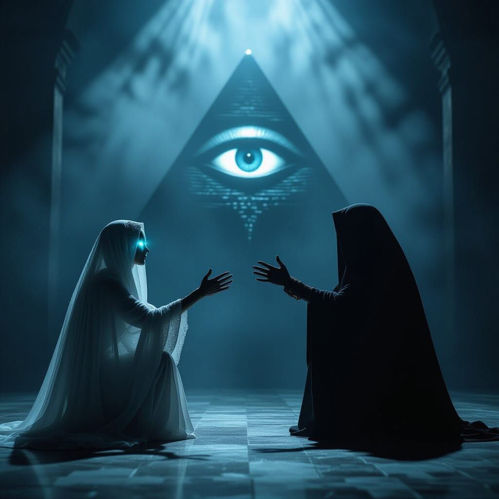 Ethereal Being Confronts Shadowy Illuminati Pyramid