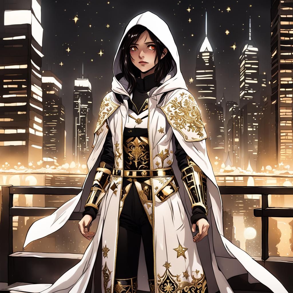 Anime Girl in White Armor on City Rooftop