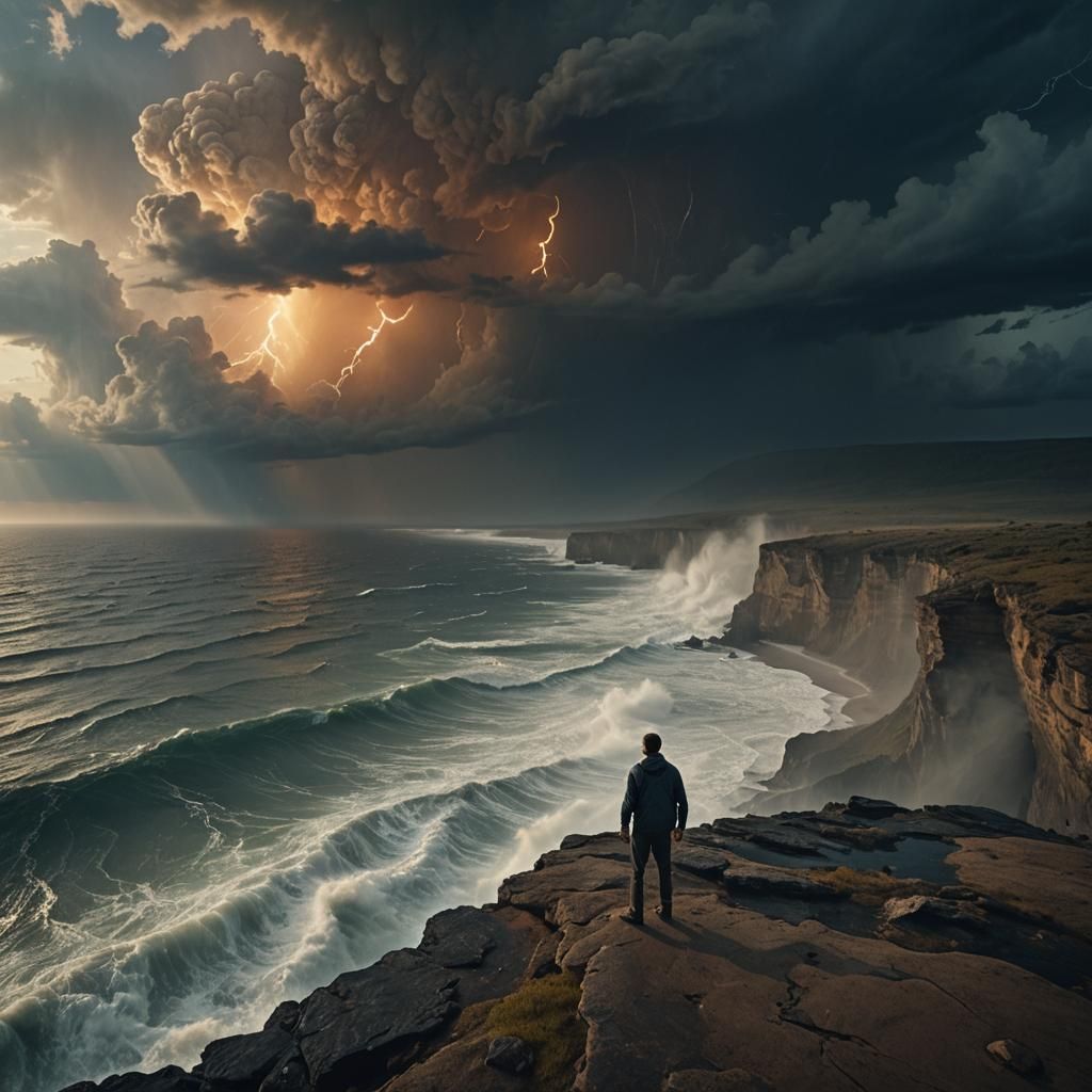 Epic Hurricane Cliffside Figure in Cinematic Style