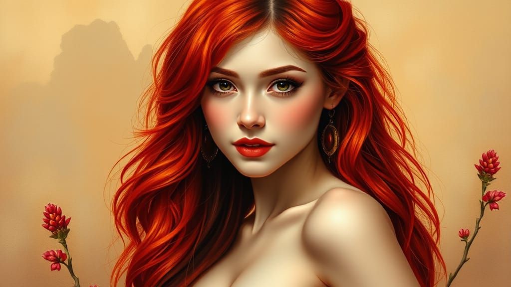 Elegant Redhead Nymph in Oil Portrait