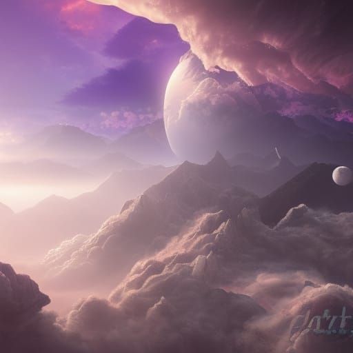 Schooner Sails Above Clouds in Purple Eclipse