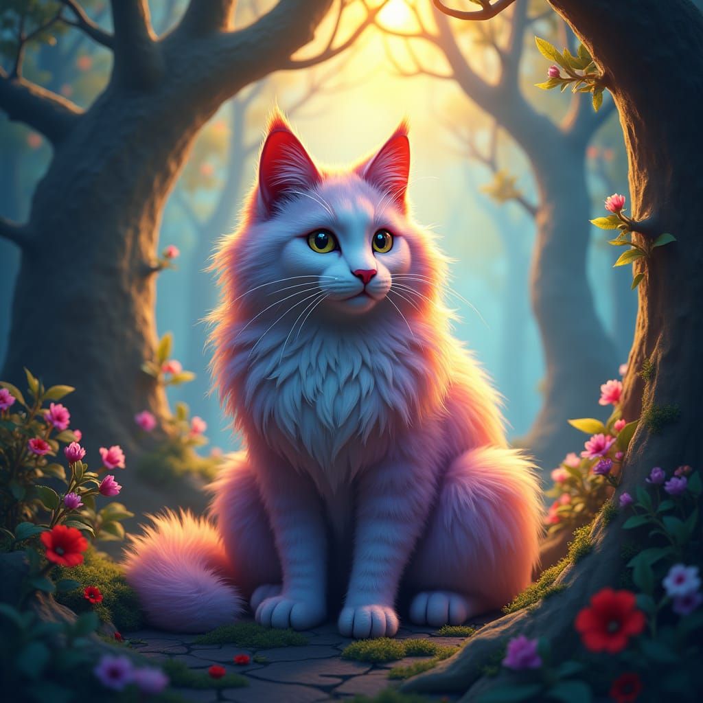 Iridescent Cat in Mystical Forest: Fantasy Concept Art