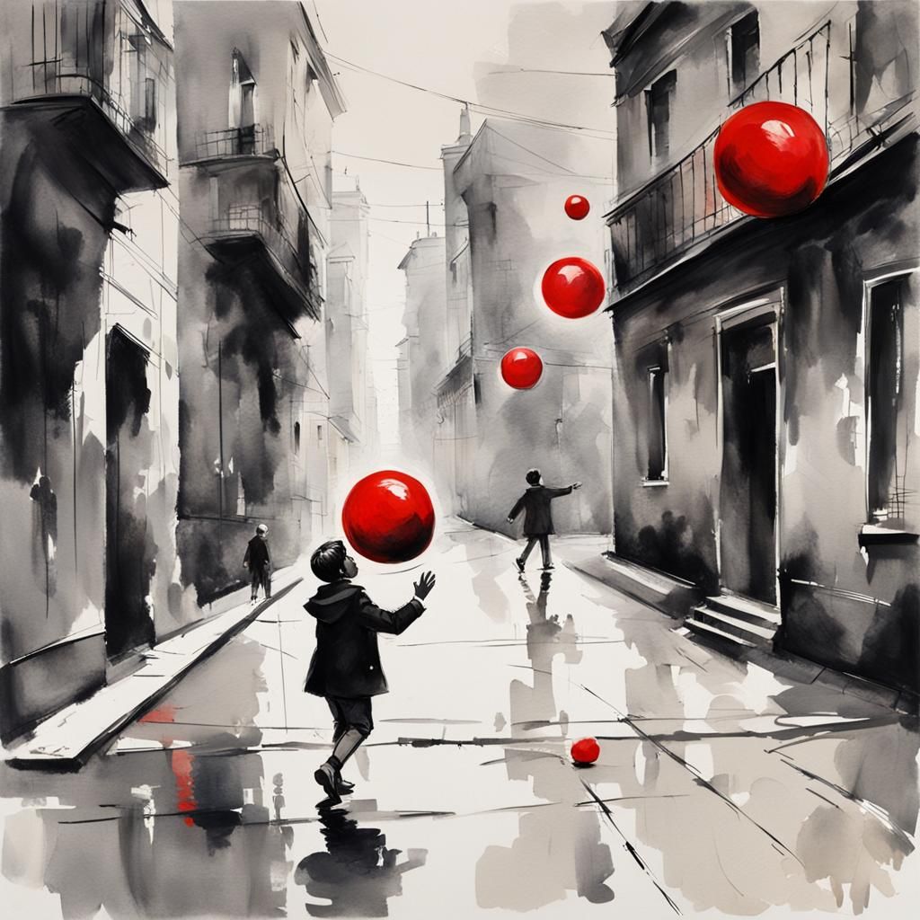 Boy Playing with Ball in Gouache Style