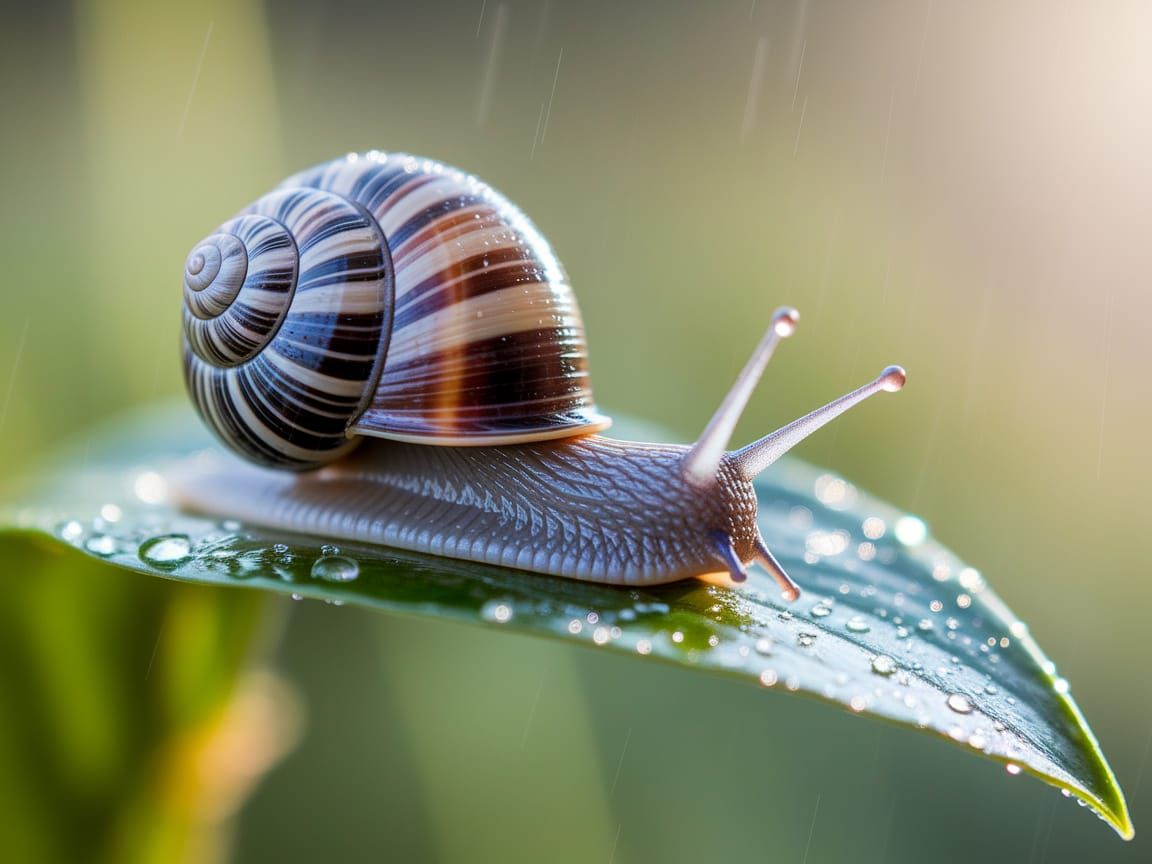 Vibrant Snail on Dewy Leaf in Realistic Macro Photography