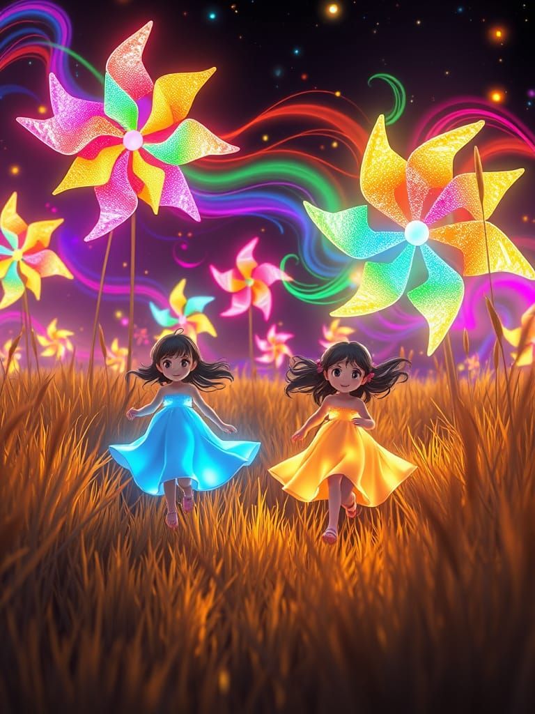 Neon Girls in Bioluminescent Pinwheel Pasture, Anime Style