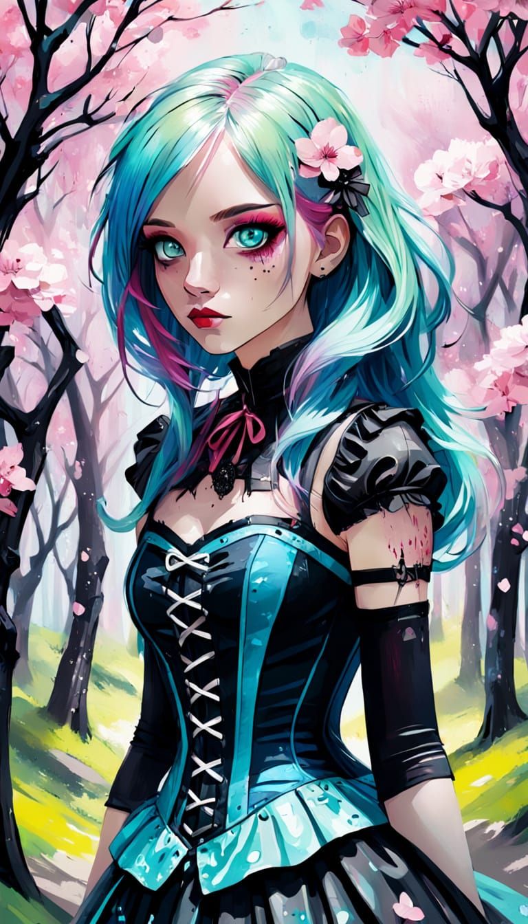 Goth Girl Blooms in Whimsical Cherry Blossom Wonderland