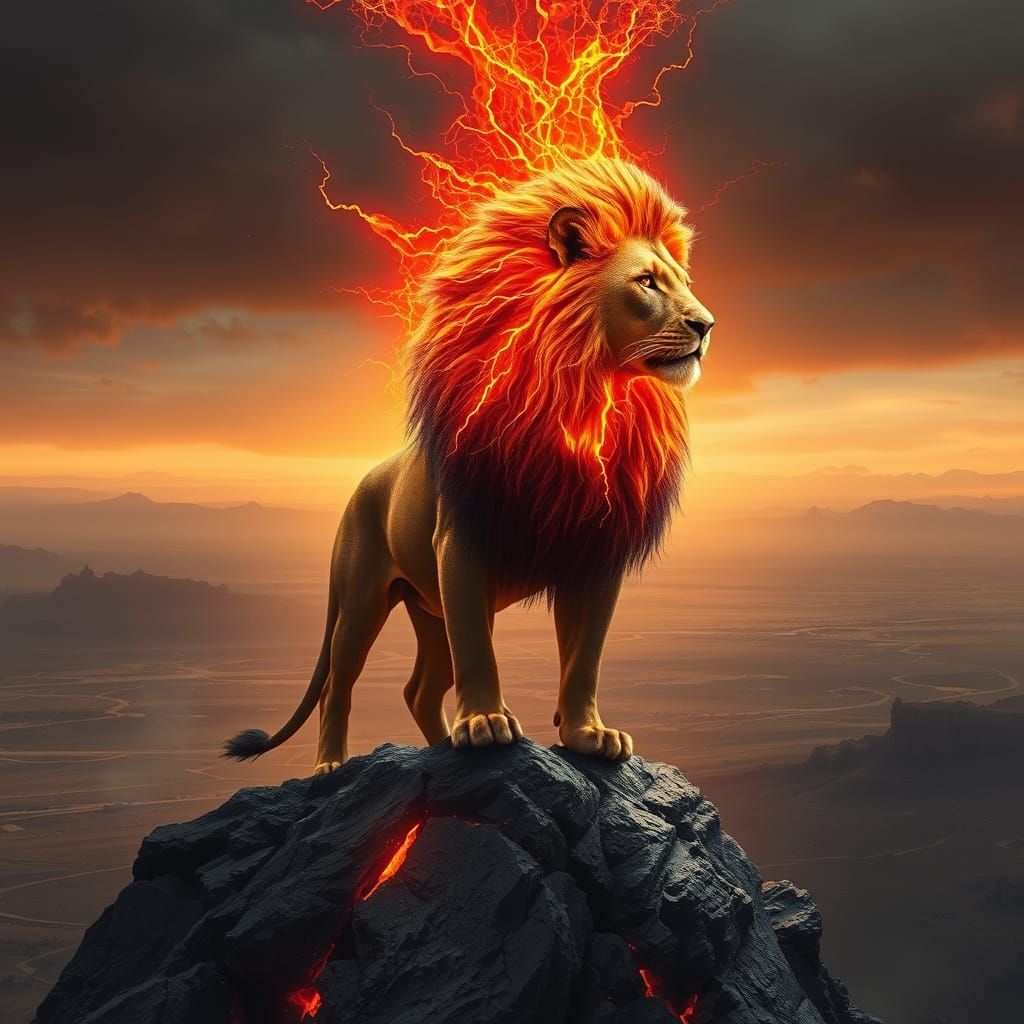 Lava-Mane Lion Overlooking Desolate Landscape