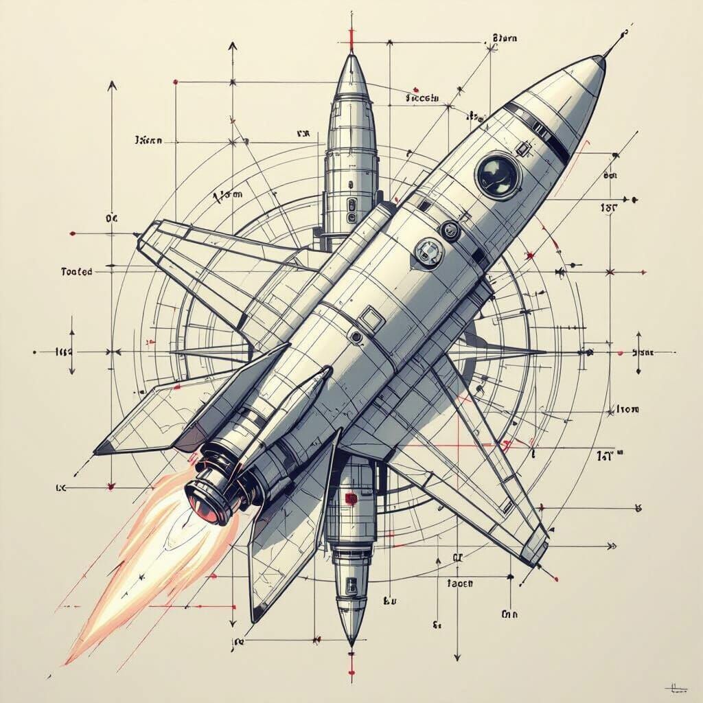 Rocket Blueprint with Math Formulas in Technical Illustratio...