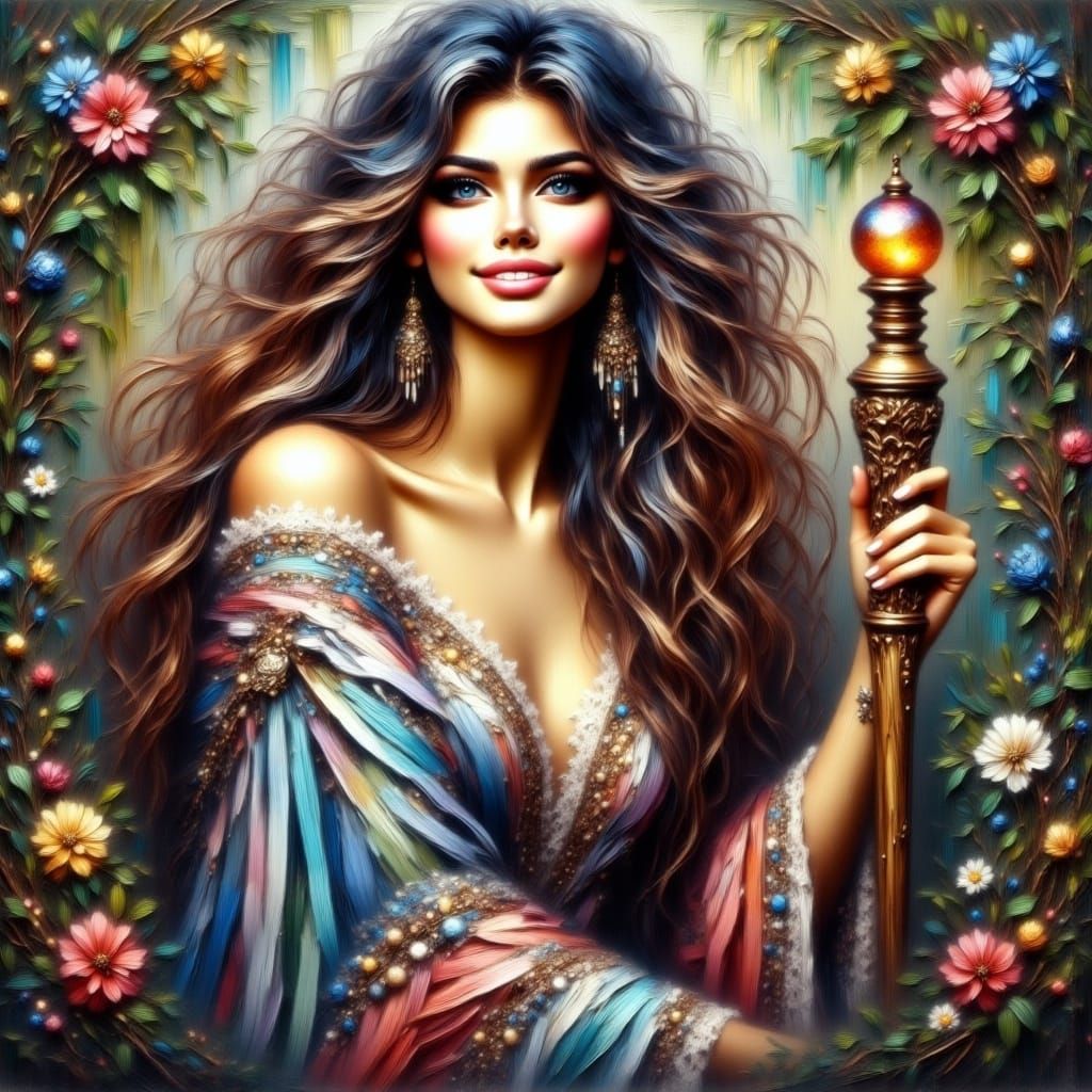 Woman in Silk Gown Holding Magical Staff