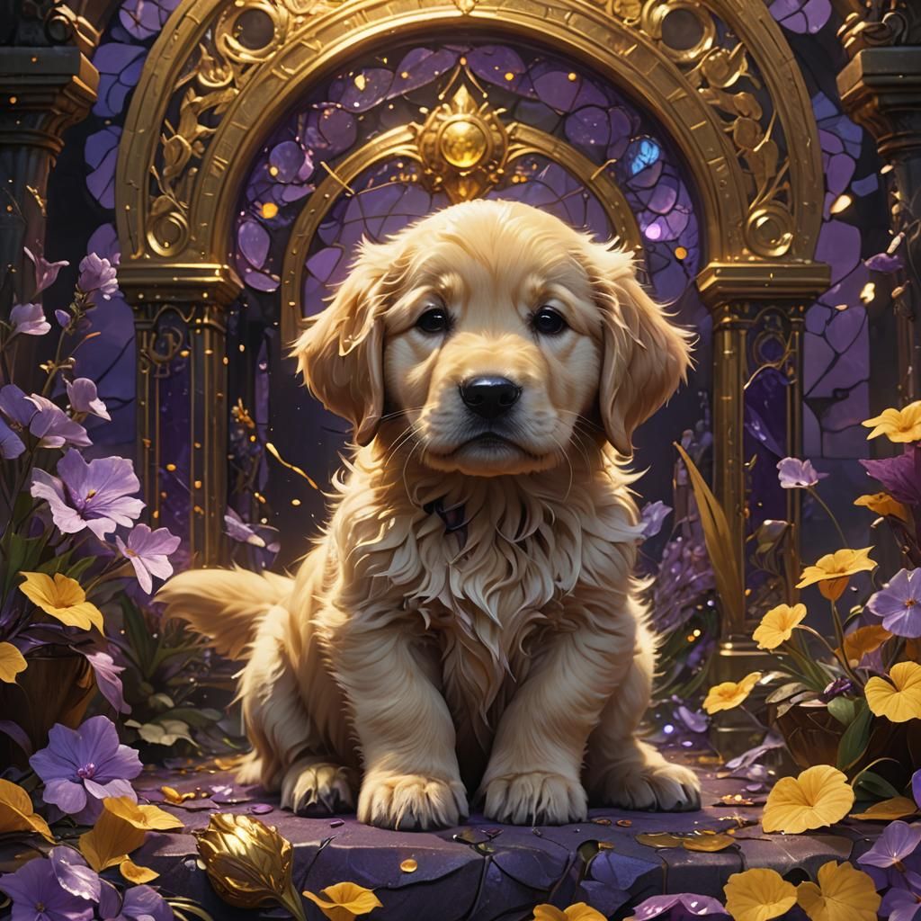 Magical Golden Retriever Puppy in Dark Fantasy Style