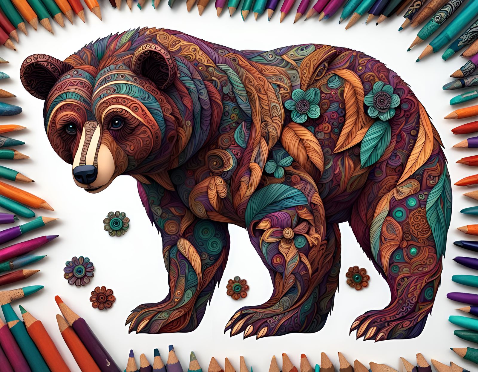 Colorful 3D Zentangle Bear Digital Art