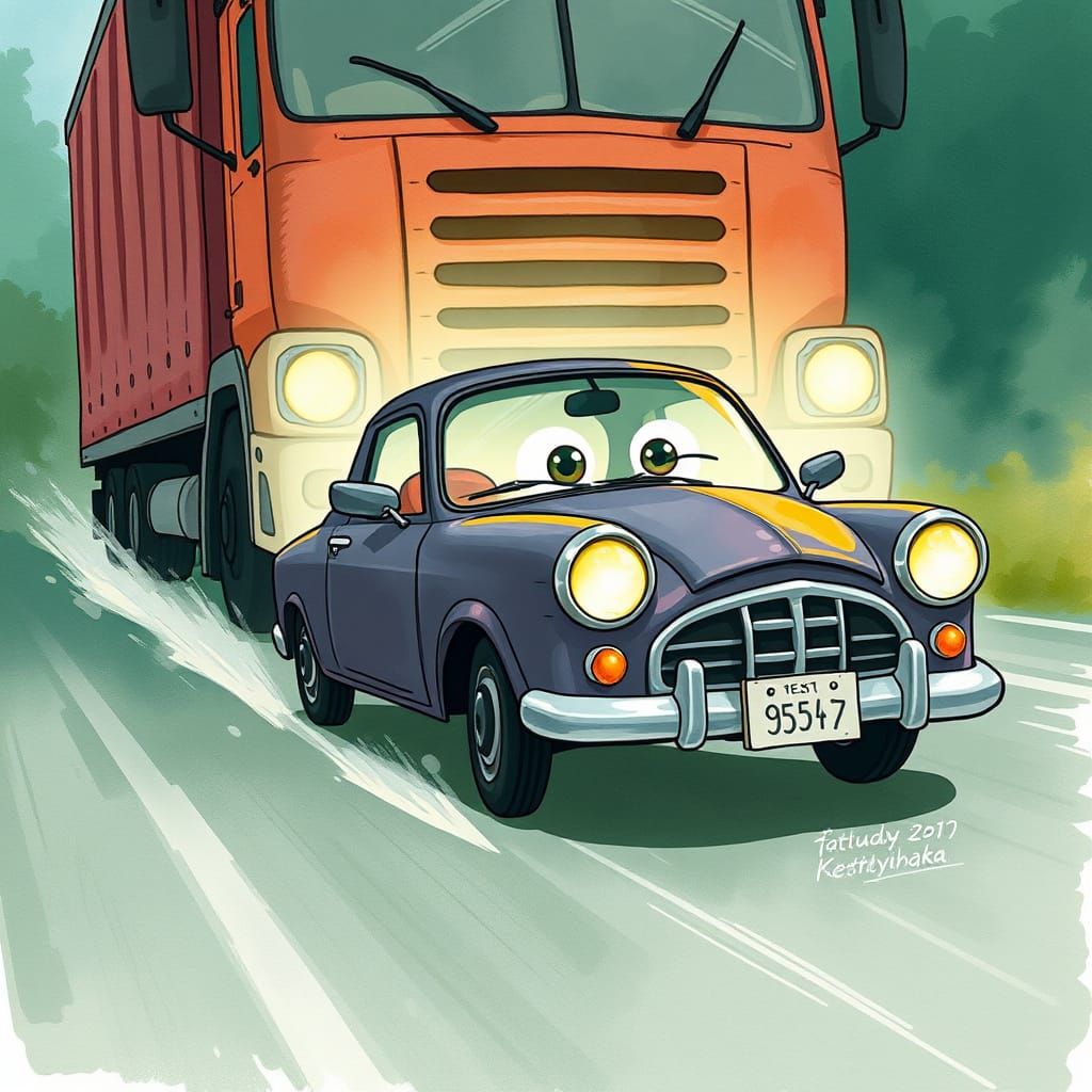 Frightened Car Runs from Truck in Ghibli Style