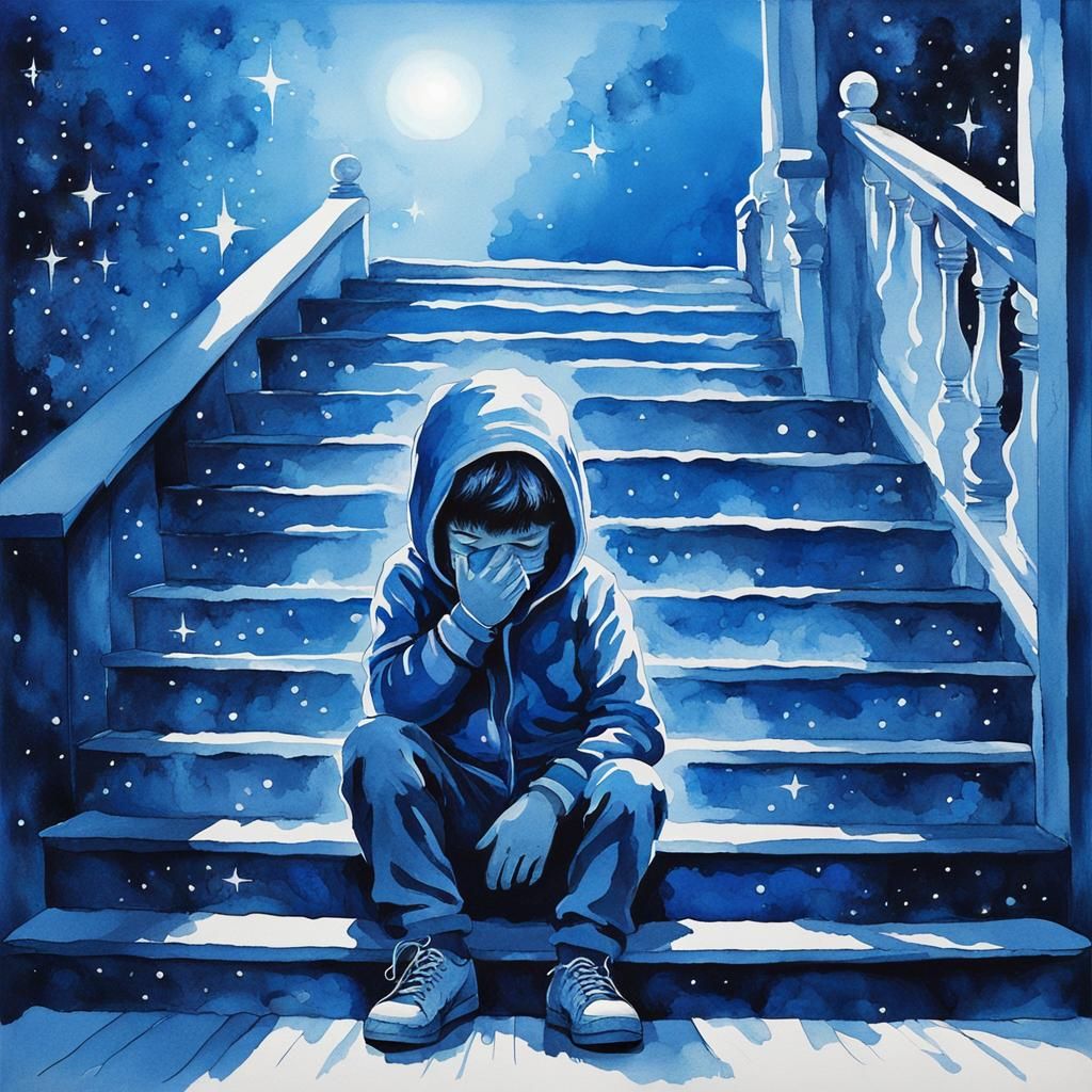 Sad Boy Silhouette in Blue Watercolor Art