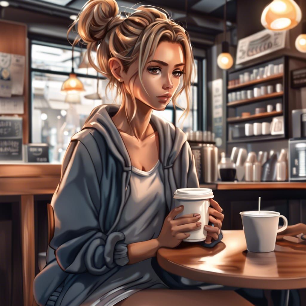 Anime Girl Drinking Coffee in Cafe: 2D Illustration