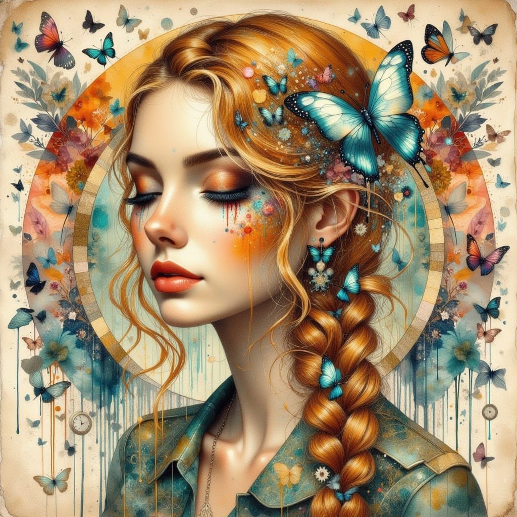 Surreal Woman with Halo Braids and Floating Clocks