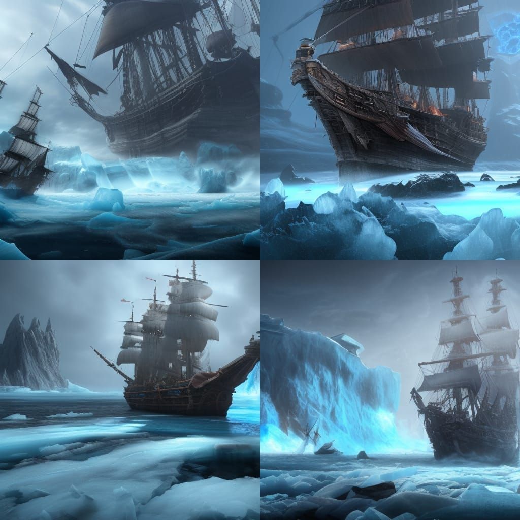 Pirate Ship on Sea of Ice, Photorealistic Art