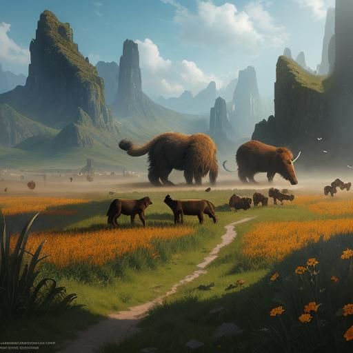 Animals Playing in Field: Detailed Matte Painting