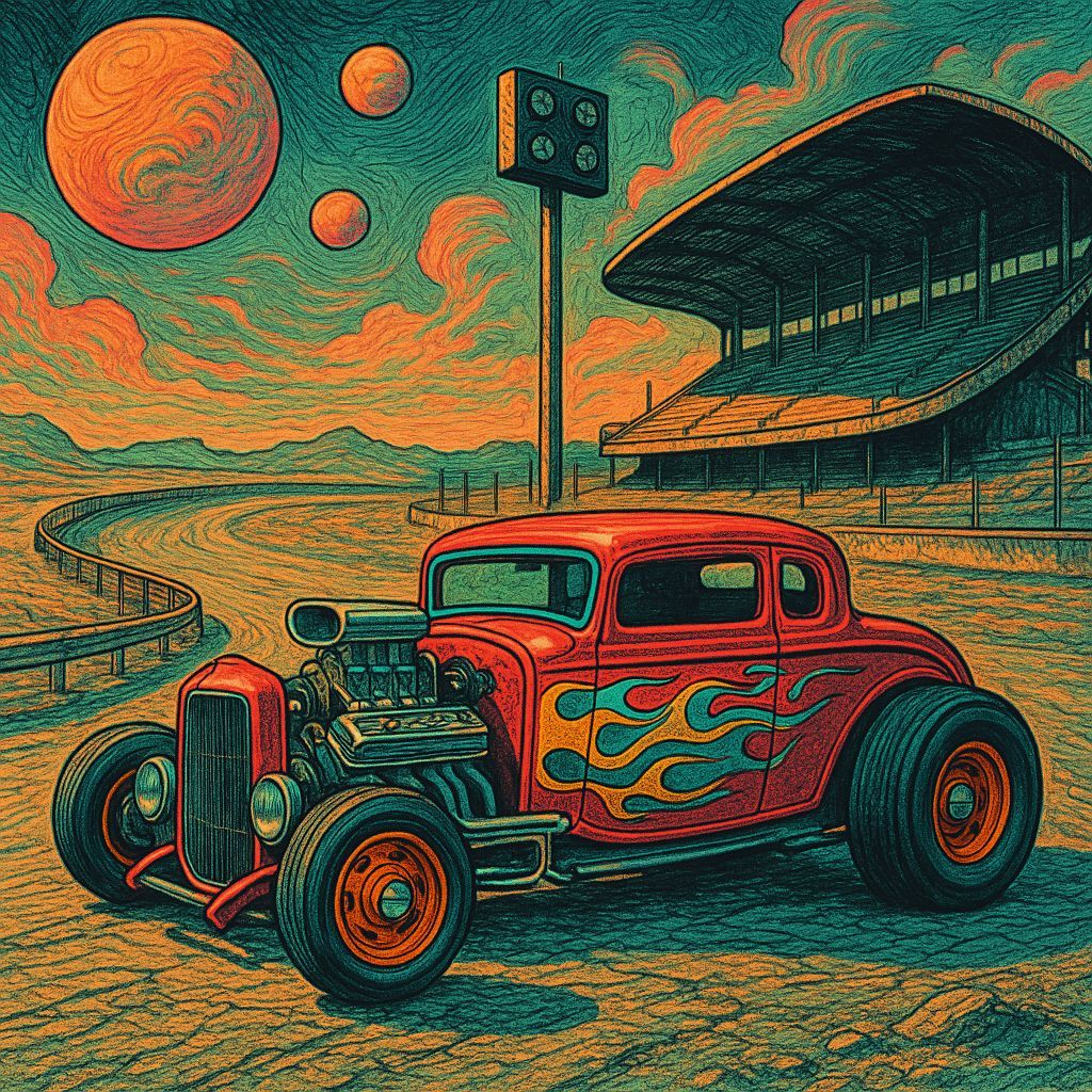 Retro Hotrod at Old Racetrack in Surreal Sci-Fi Comic Style