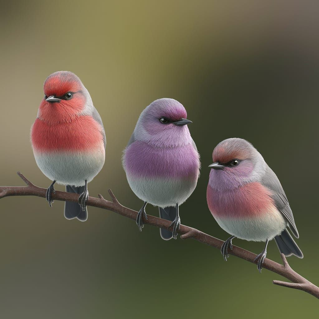 Vibrant Birds Perched on Branch, Photorealistic Detail