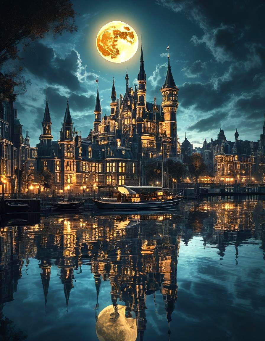 Golden Sunset Over Gothic Victorian Cityscape