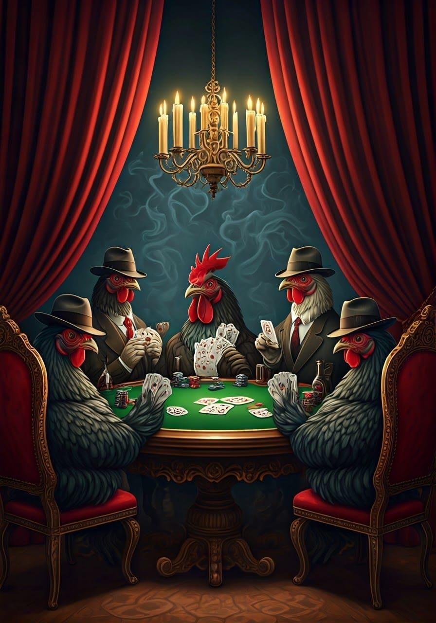 Anthropomorphic Chickens Play Poker in Surrealist Style