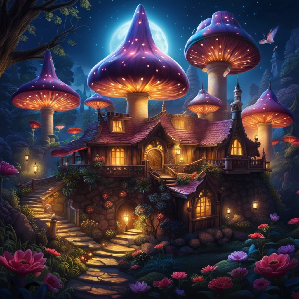 Glowing Fairies in a Magical Mushroom Forest