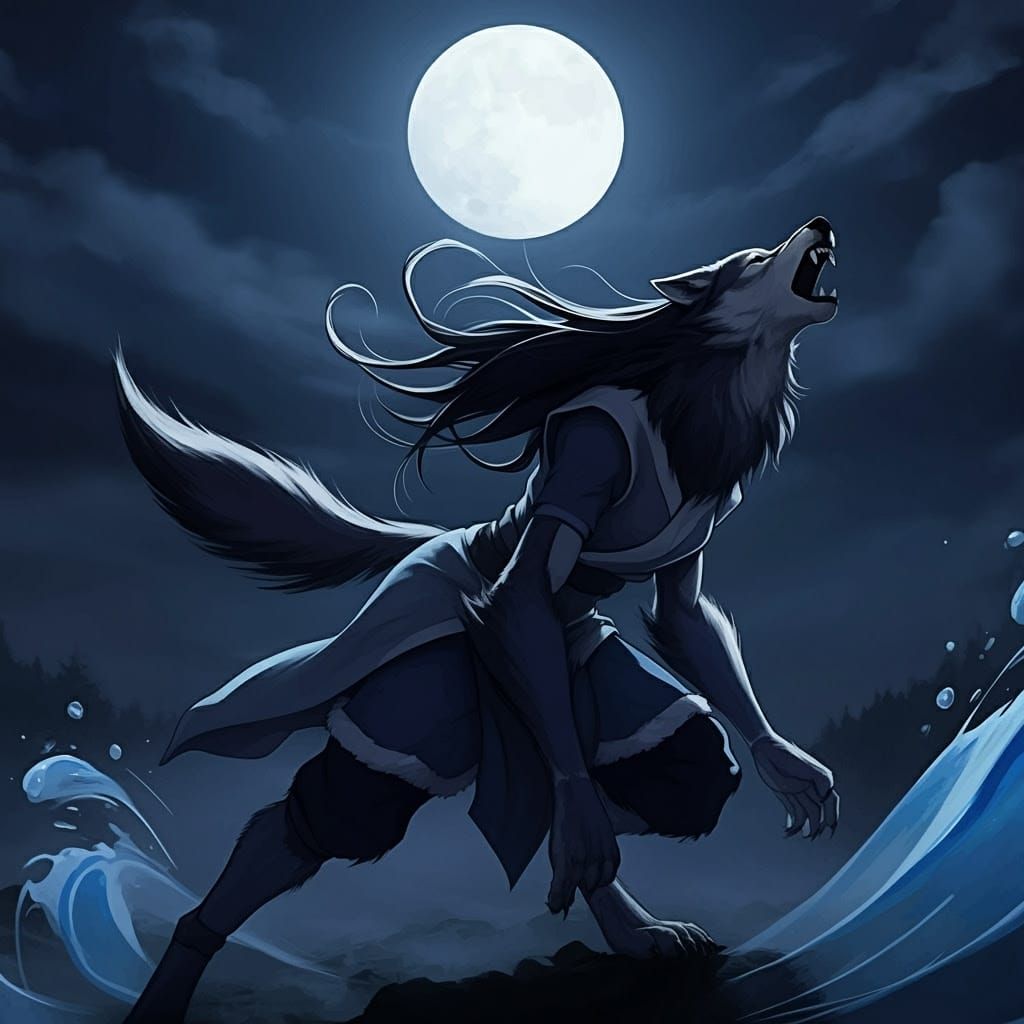 Katara from Avatar the Last Airbender transforming into a werewolf. She is howling at the full moon.