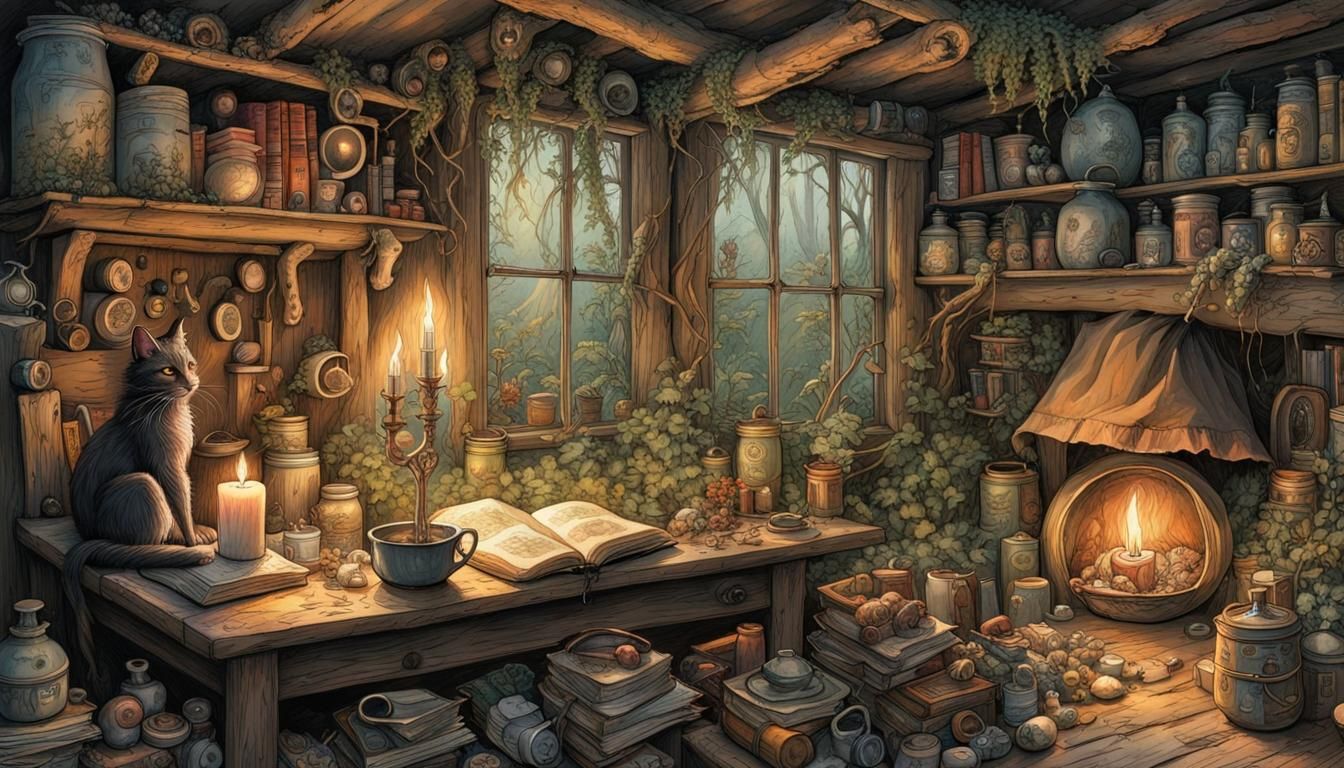 Witch's Hut Interior in Detailed Fantasy Art