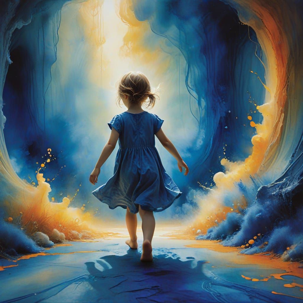 Ethereal Child Plays in Subterranean World, Watercolor Dream...