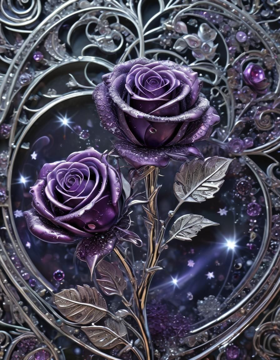 Translucent Purple Crystal Roses with Silver Fractal Trim