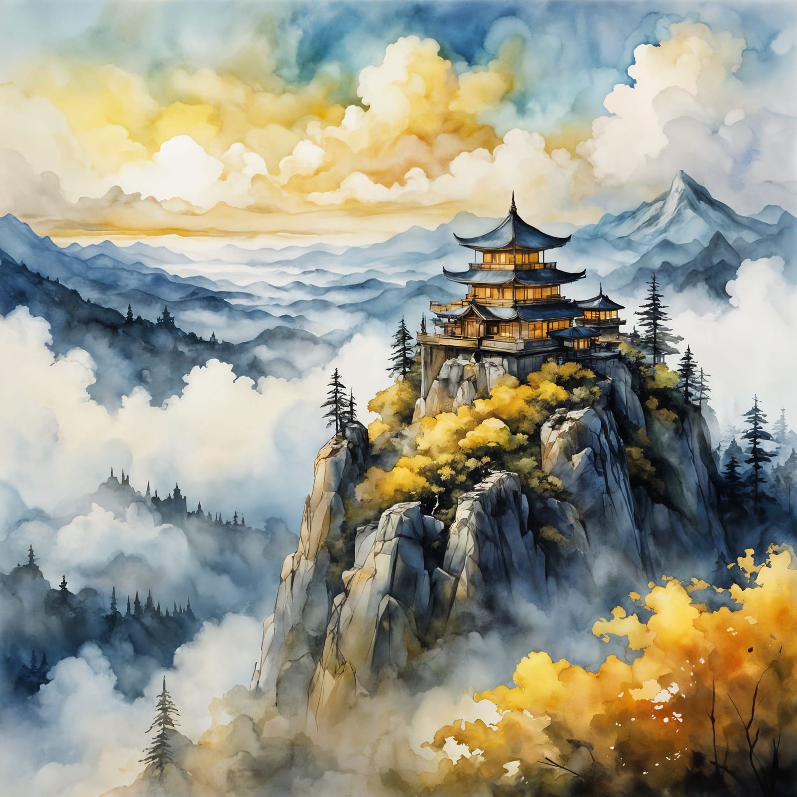 Solitary Temple in Mist Mountains at Golden Dawn