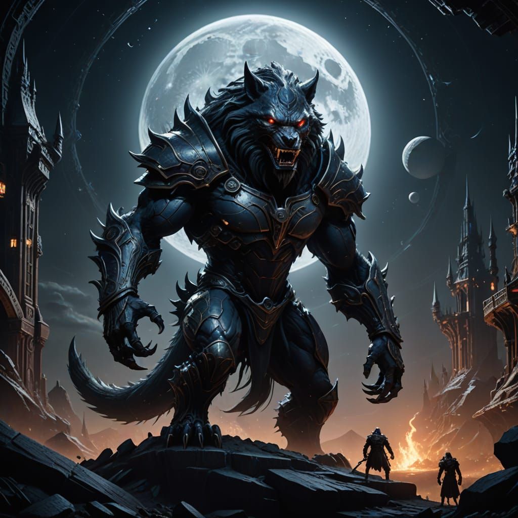 Surreal Werewolf Symbol Logo Against Cosmic Moon