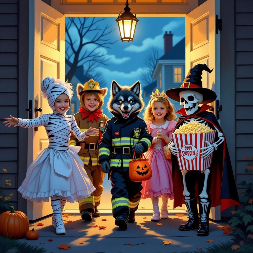 Nostalgic Halloween Scene: Trick-or-Treaters at the Door
