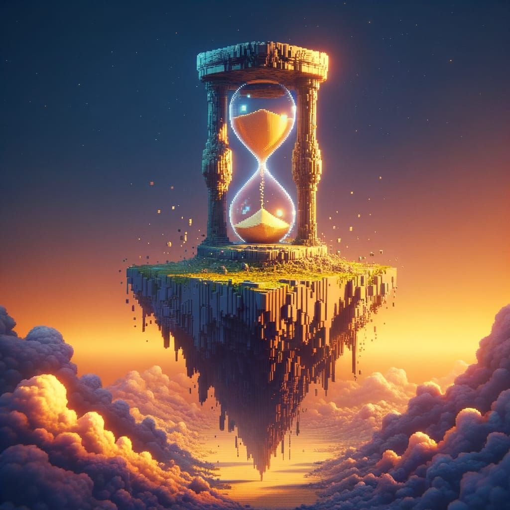 Floating Island with Hourglass in Pixelated Fantasy World