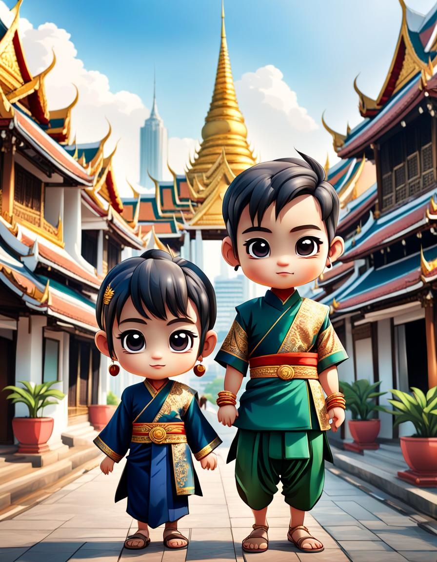 Chibi Characters Explore Bangkok in Traditional Thai Garb