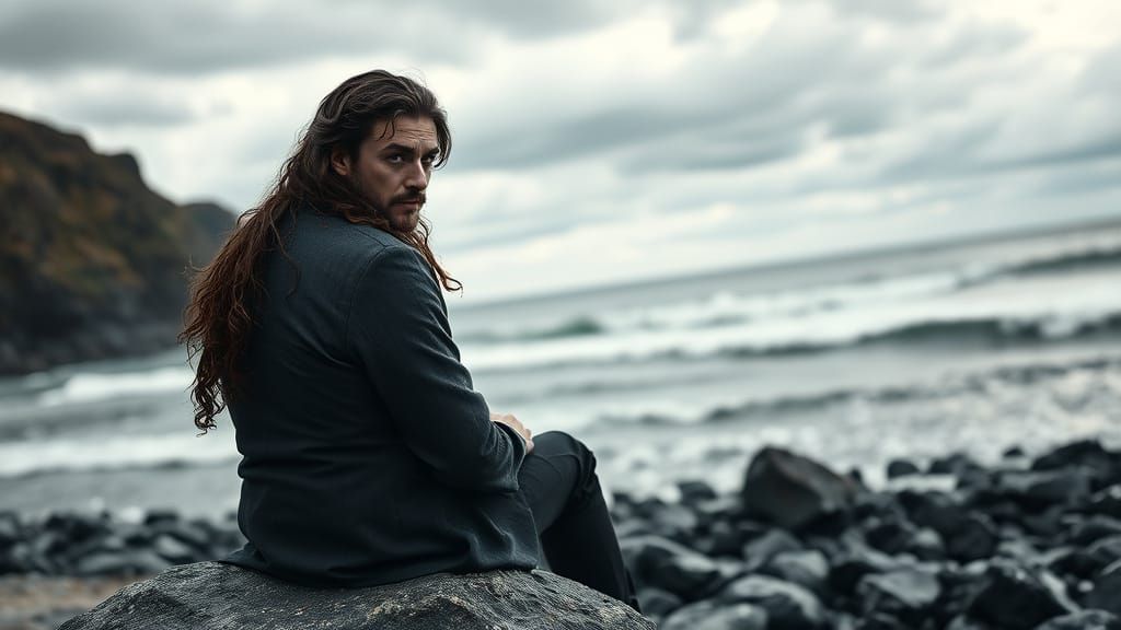 19th Century Man on Rocky Beach in B&W