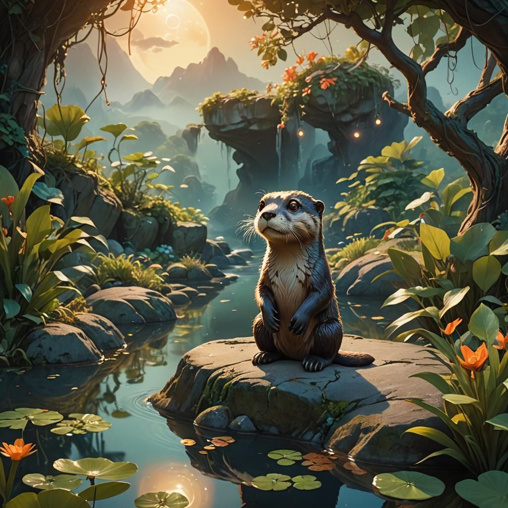 Enchanting Otter by Pond, Matte Painting