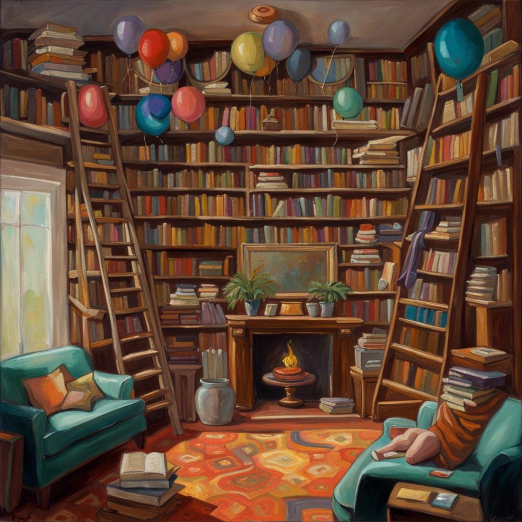 Bookshelves and Birthday Party as Oil Painting