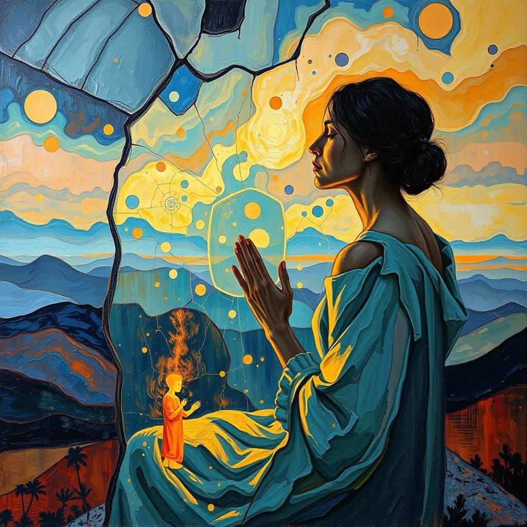 Devotional Figure in Dream Temple, Neo-Impressionist Style