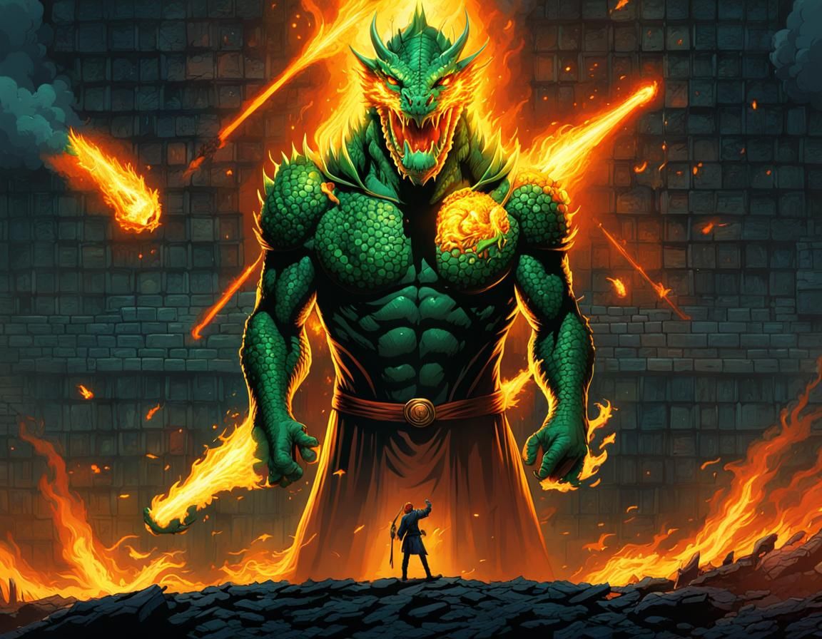 Three-Headed Dragon Unleashes Fiery Breath in Comic Style