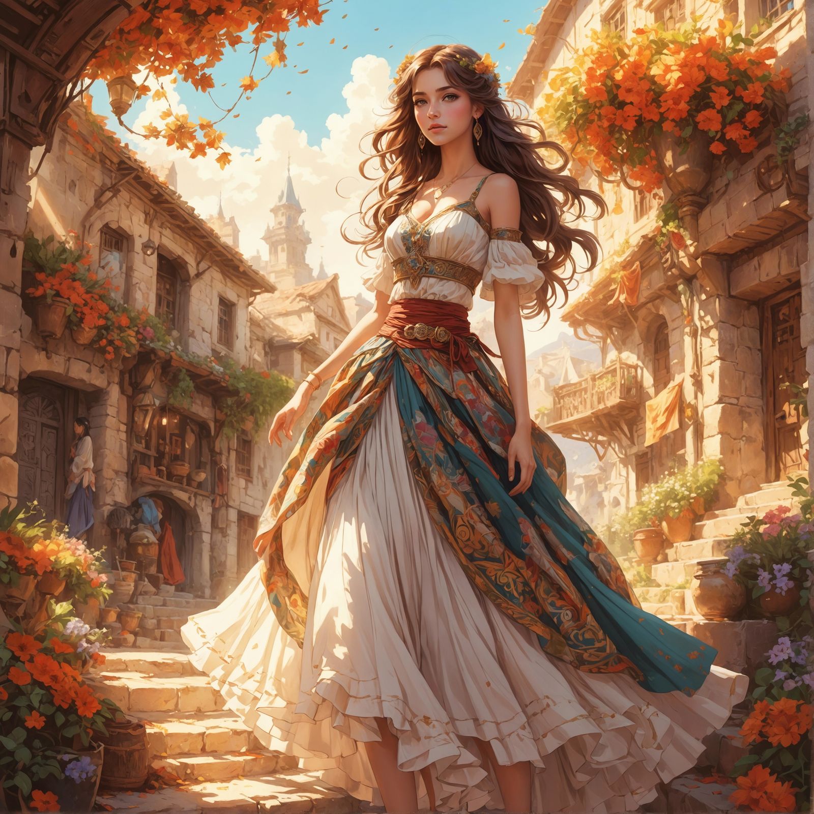 Anime Babe in Flowy Skirt, Color Sketch Style