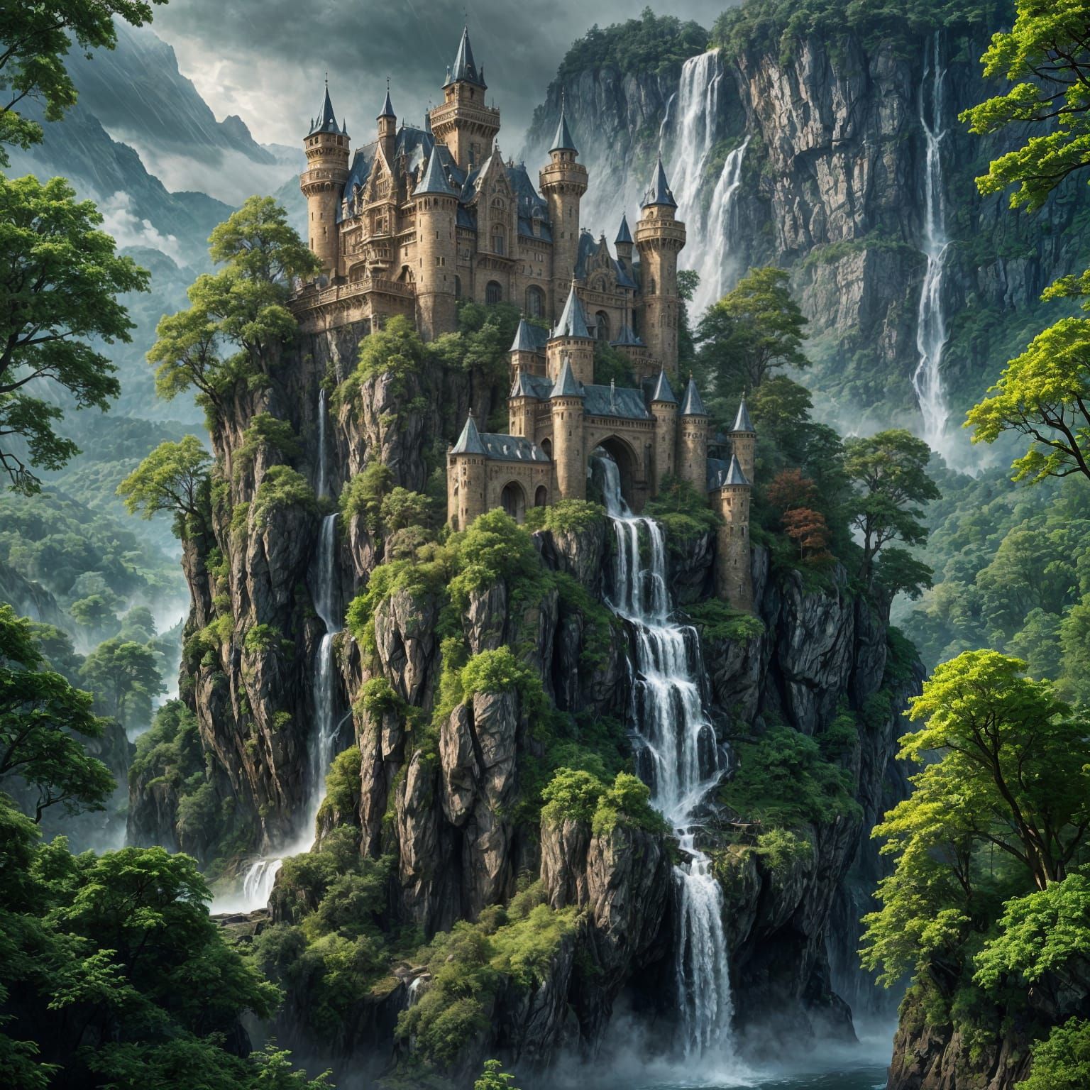 Majestic Castle Waterfall in Forest Landscape
