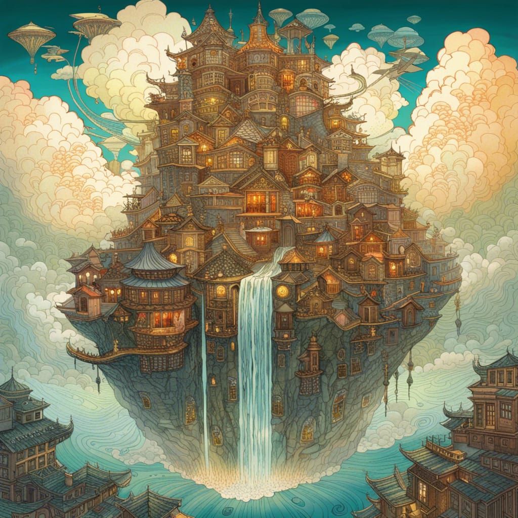 Surreal Flying Waterfall City Dreamcore Illustration