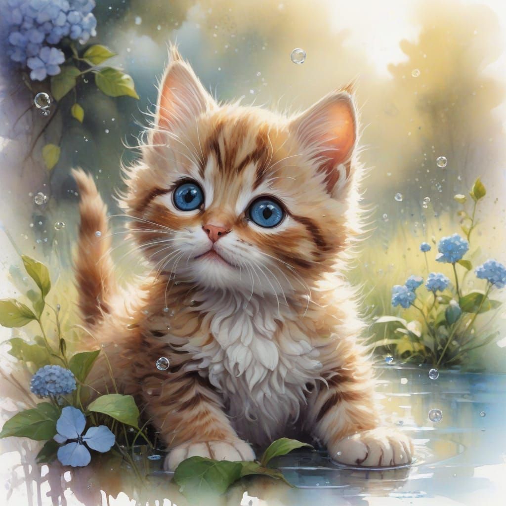 Playful Kitten with Bubbles in Kawaii Style