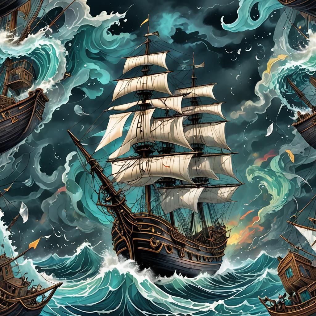 Glass Pirate Ship in Night Storm: Cubist Art