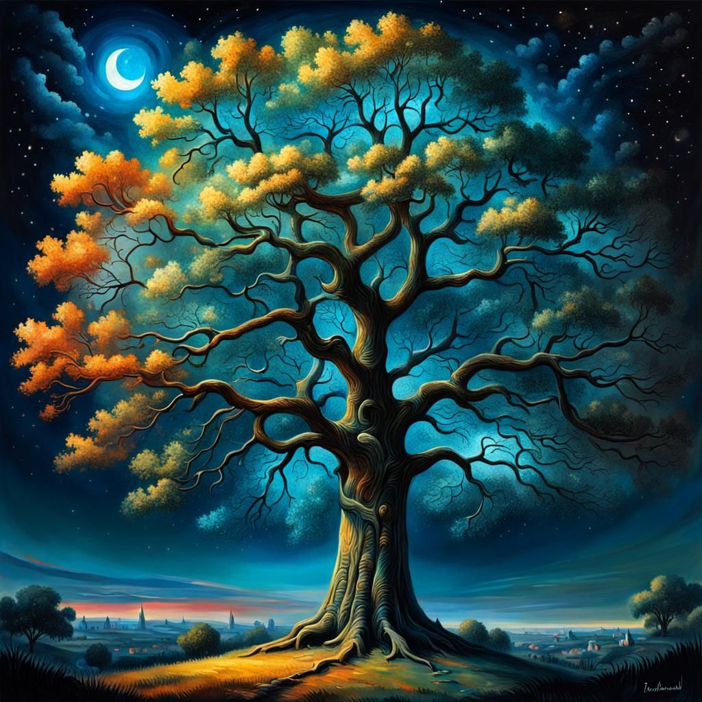 Illuminated Tree of Virtues in Rembrandt Style