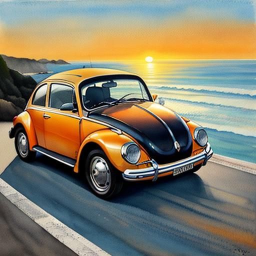 Watercolor Volkswagen Beetle at Pacific Coast Sunset